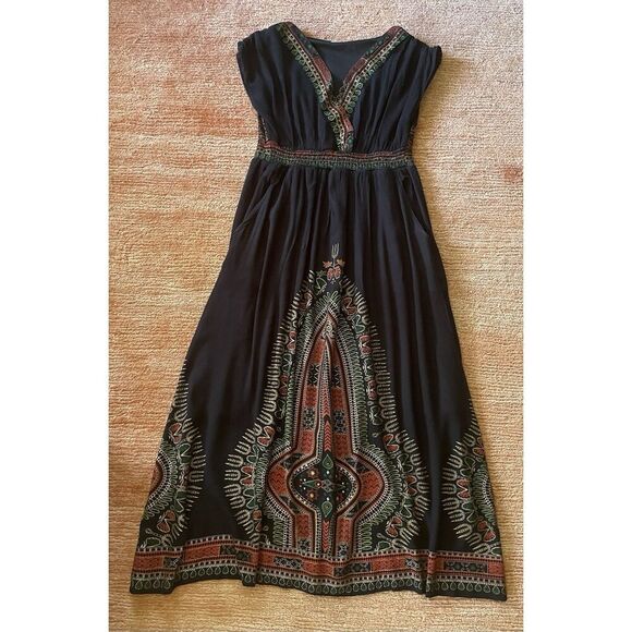 Lapogee Black Boho Maxi Dress L Ethnic Print 100% Rayon Made in India Pockets - Picture 1 of 8